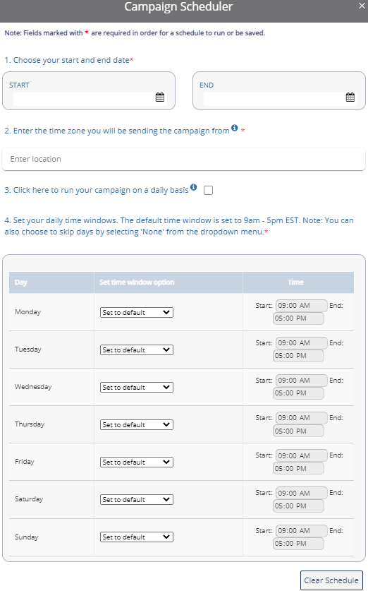 The blank Campaign Scheduler pop-up window
